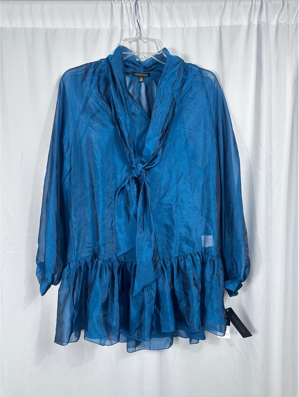 Seni & Cade Teal Blue Sheer Ruffle Dress with Tie Neck, Size Small